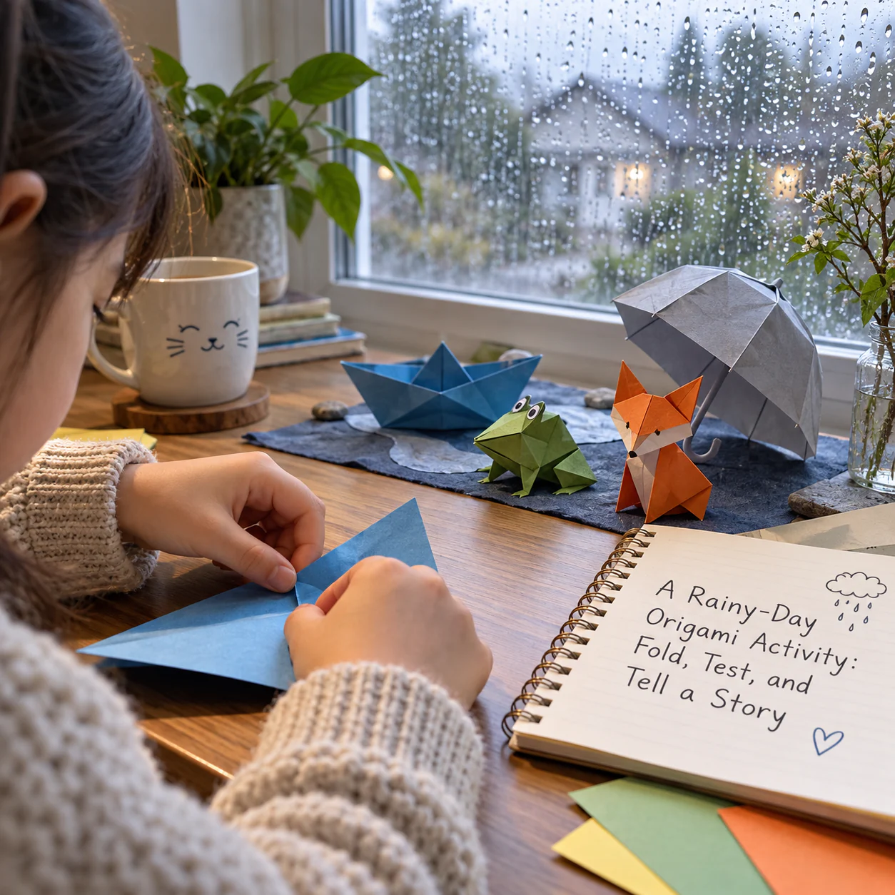 A finished paper-folding example for A Rainy-Day Origami Activity: Fold, Test, and Tell a Story