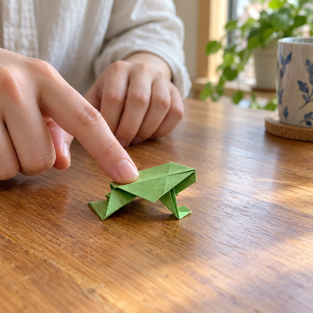 A finished paper-folding example for Traditional Origami Jumping Frog: How to Test the Action Gently